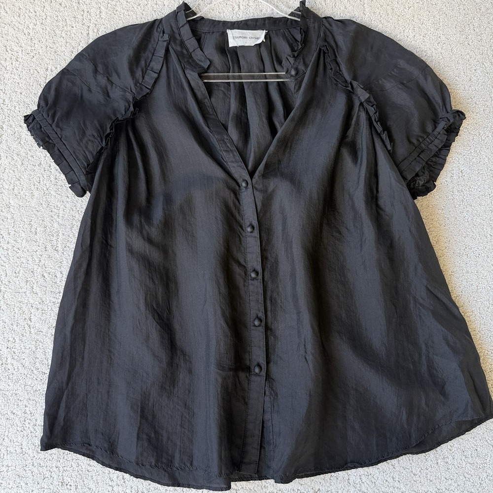 Tsumori Chisato 100% Silk Blouse Size 4 Black Ruffle Sleeve Button‎